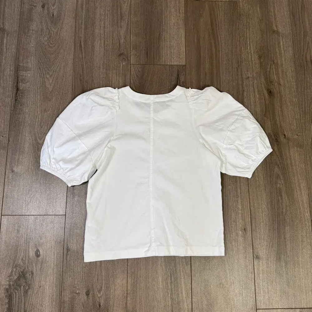 Madewell Puff-Sleeve Tee WMNS XS White Crew Neck Cotton Relaxed Fit Ruffle Trim